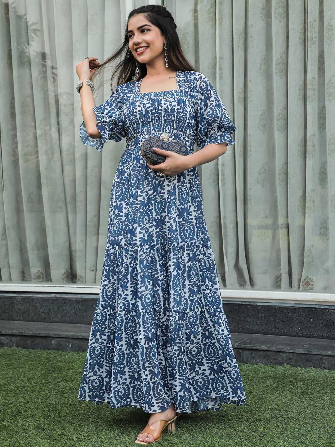 

Masakali.Co Ethnic Motifs Print Square Neck Puff Sleeves Georgette Maxi Dress, Blue