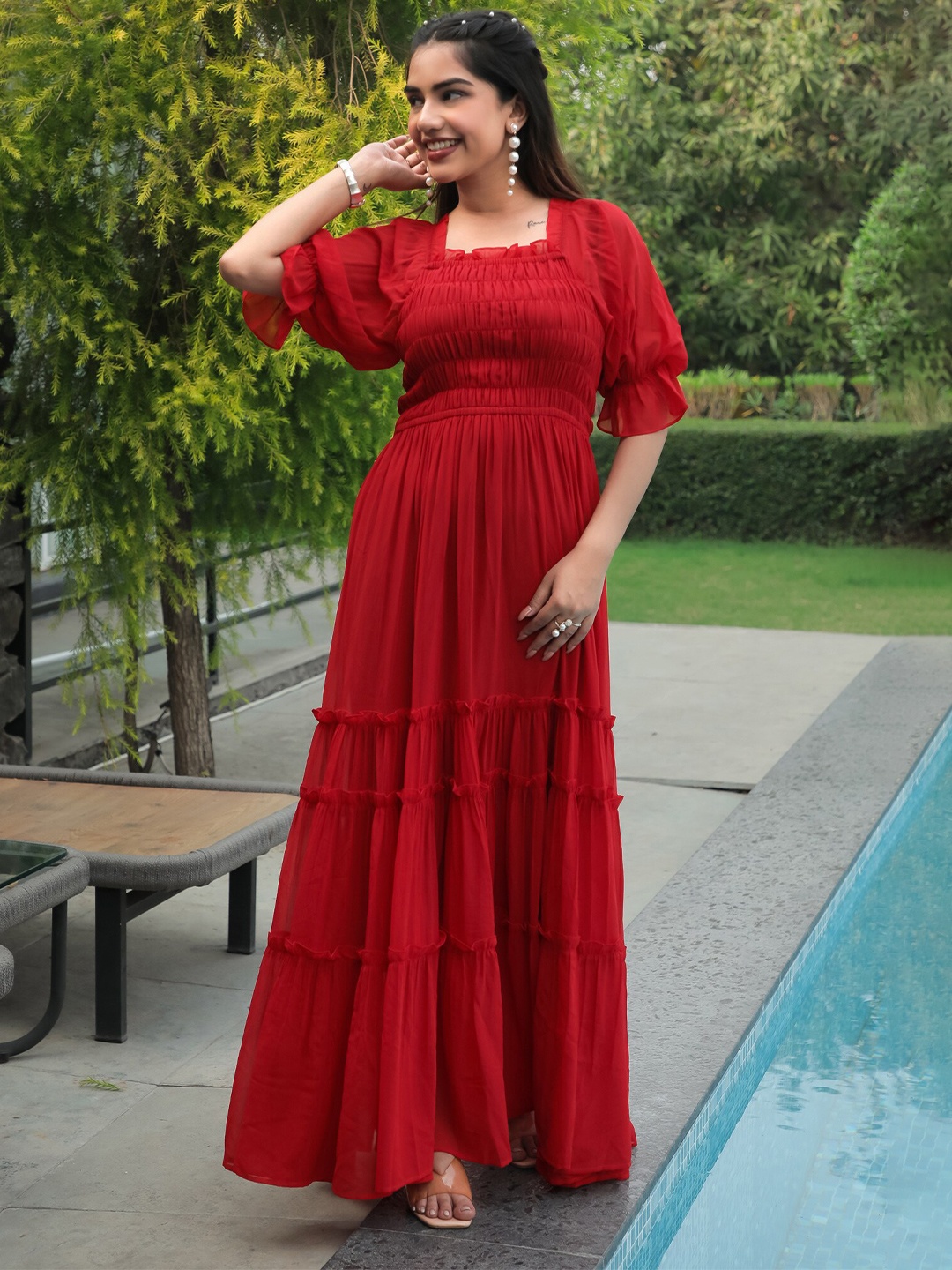 

Masakali.Co Round Neck Short Sleeves Maxi Dress, Red