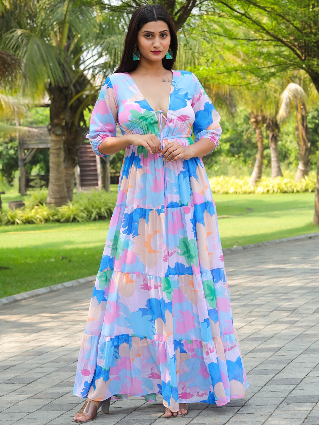 

Masakali.Co Abstract Printed Tie-Up Neck Georgette Fit & Flare Maxi Dress, Purple