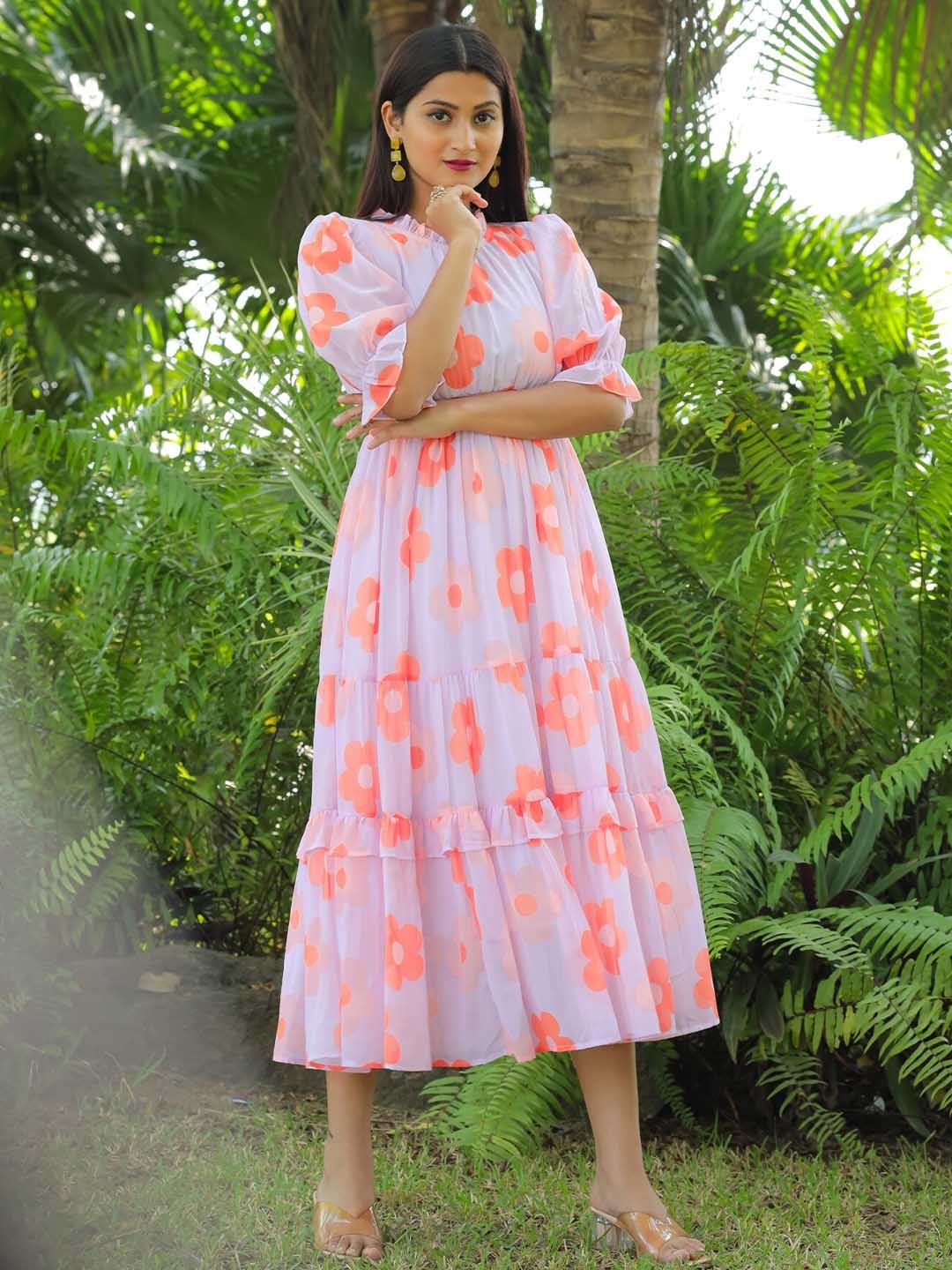 Masakali.Co Floral Print Georgette Fit and Flare Midi Dress, Peach