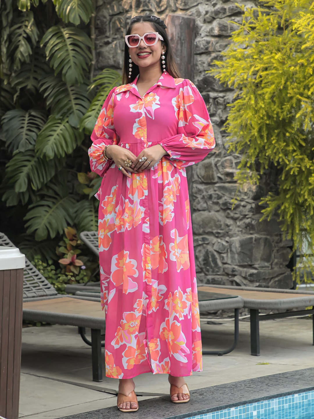 

Masakali.Co Floral Printed Puff Sleeves Georgette Shirt Styled Midi Dress, Pink