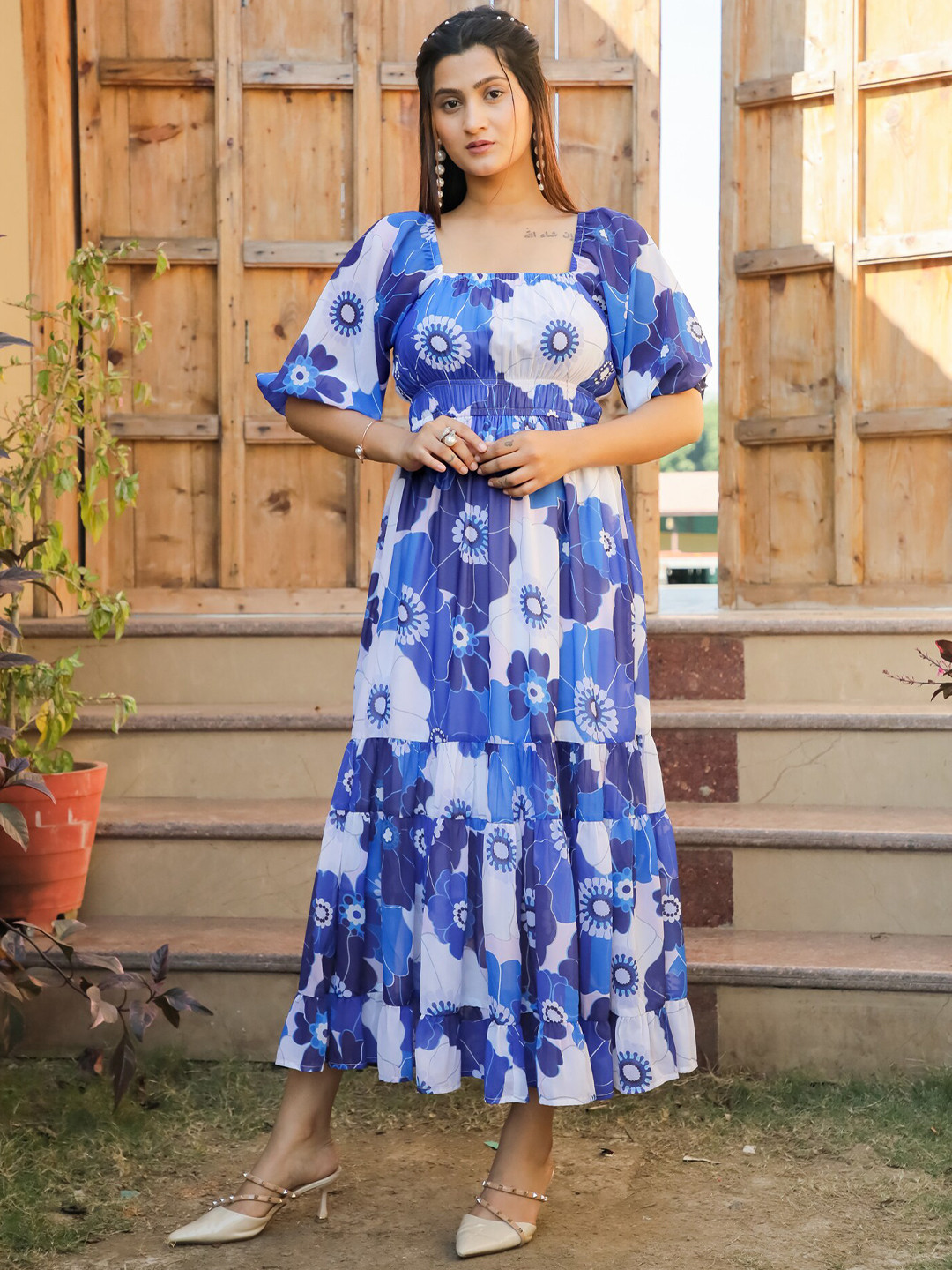 

Masakali.Co Floral Print Flutter Sleeve Georgette A-Line Midi Dress, Blue