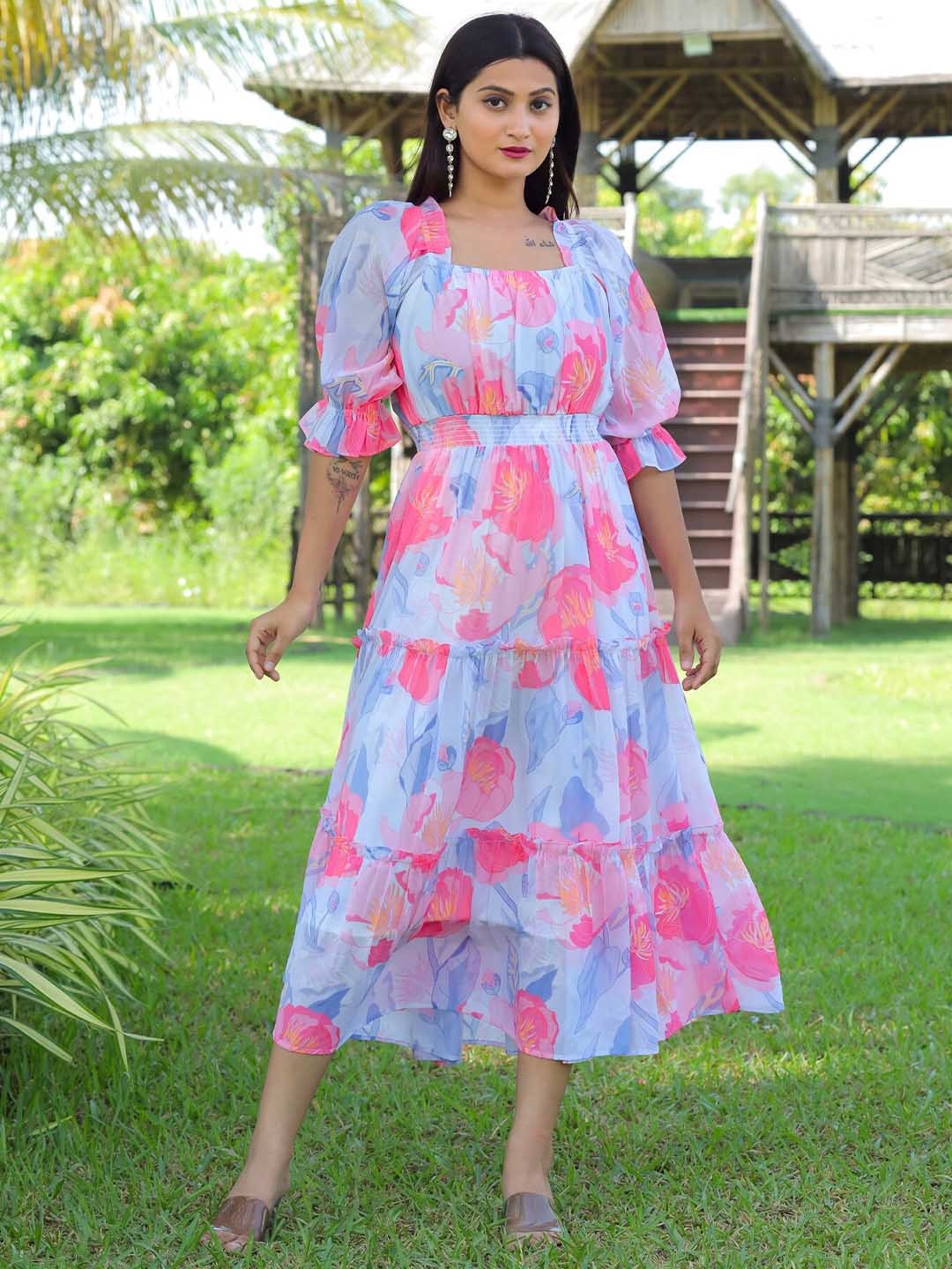 

Masakali.Co Floral Printed Georgette Empire Midi Dress, Pink