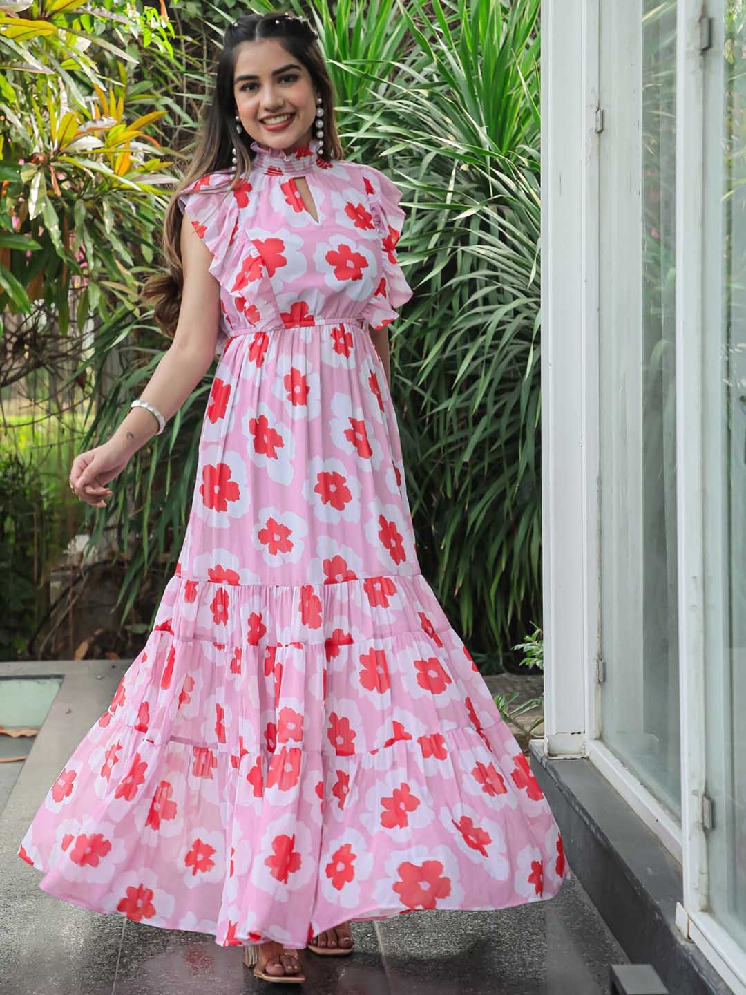 

Masakali.Co Floral Print High Neck Georgette Ruffles Fit & Flare Maxi Dress, Pink