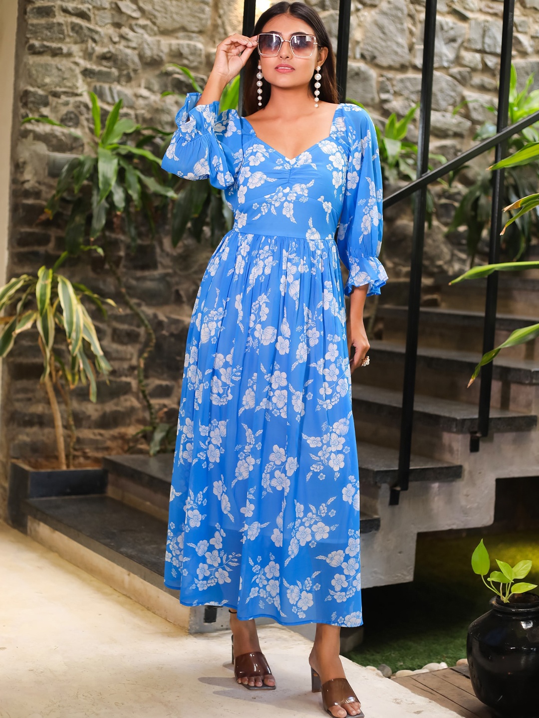 

Masakali.Co Floral Print V-neck Puff Sleeves Georgette Empire Maxi Dress, Blue