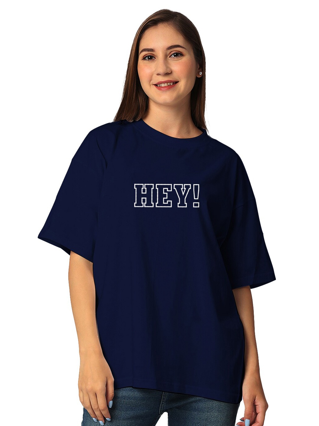 

STATUS MANTRA Drop-Shoulder Sleeves Pure Cotton Oversized T-shirt, Navy blue