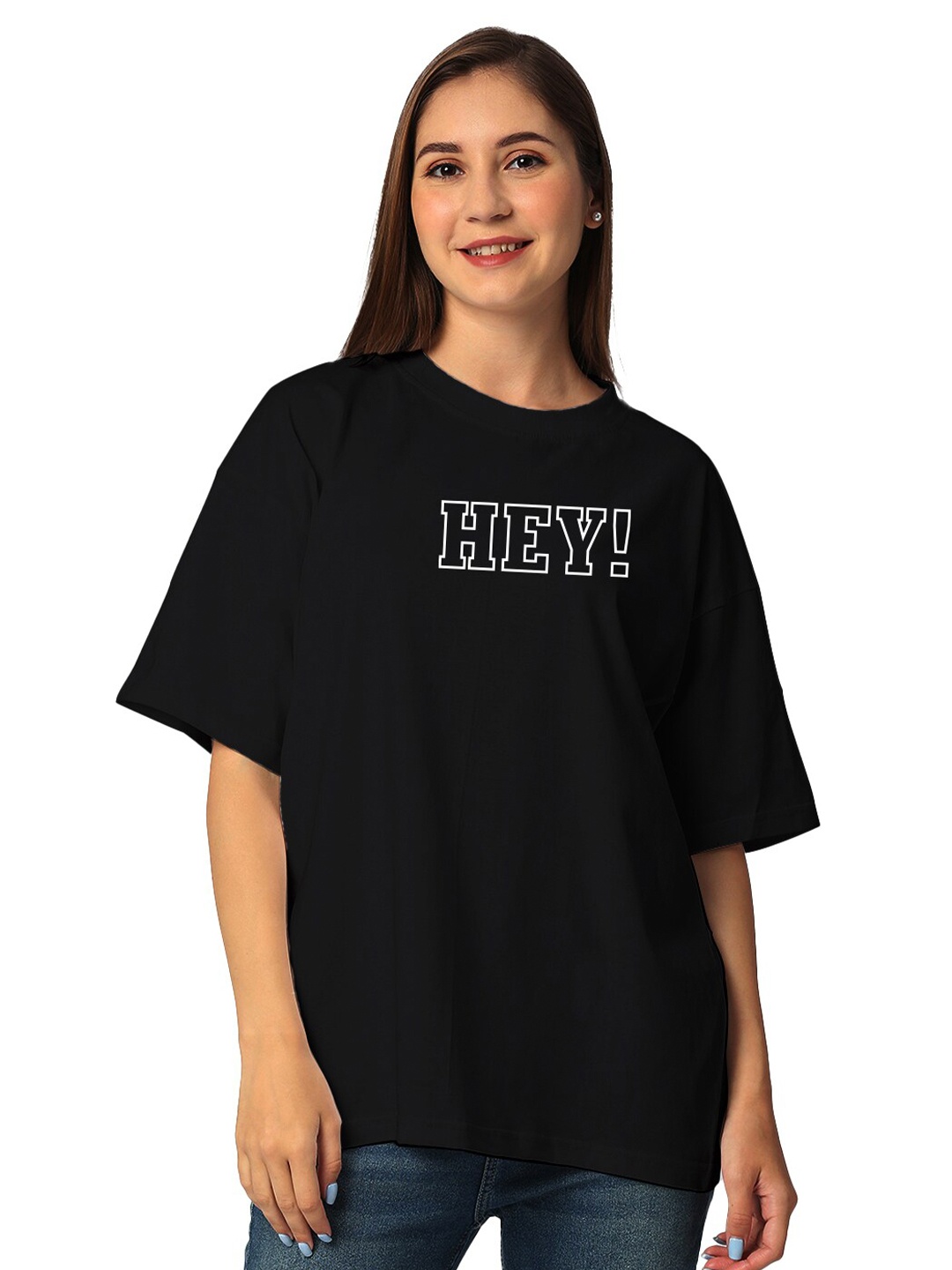 

STATUS MANTRA Bio Finish Drop Shoulder Sleeves Printed Pure Cotton Oversized T Shirt, Black