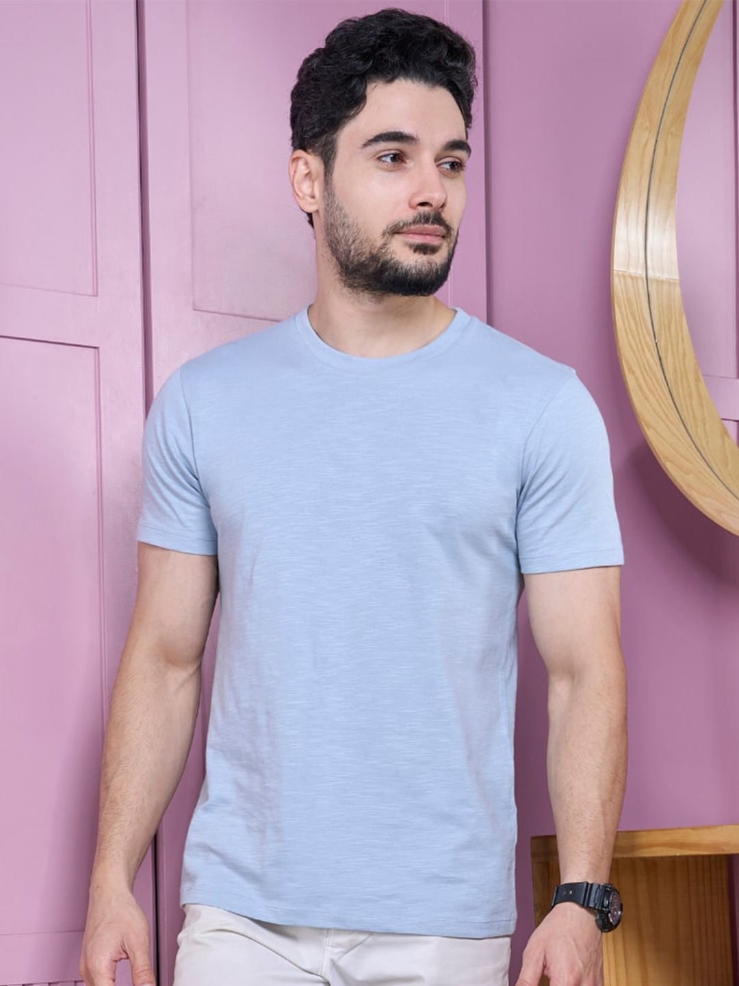 

MAXZONE Round Neck Short Sleeves Cotton T-shirt, Turquoise blue