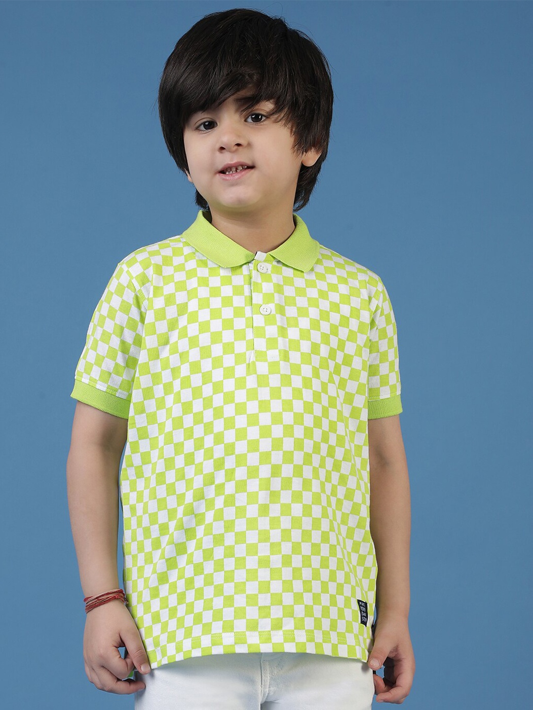 

TALES & STORIES Boys Geometric Printed Polo Collar Cotton T-shirt, Green
