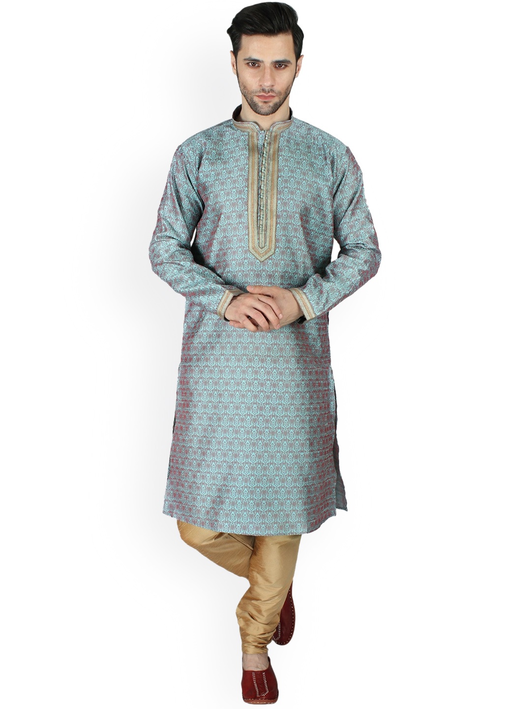 

Exotic India Jacquard Kurta Pajama Set with Zari Ornamentation on Placket, Blue