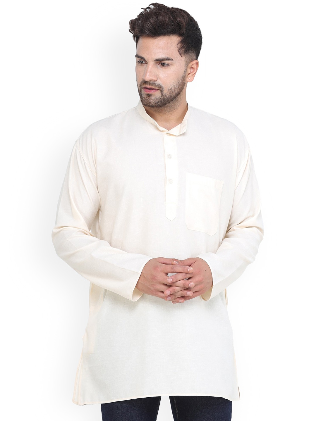 

Exotic India Pearled Ivory Long Sleeves Plain Kurta from Iskcon Vrindavan by Bliss, Beige