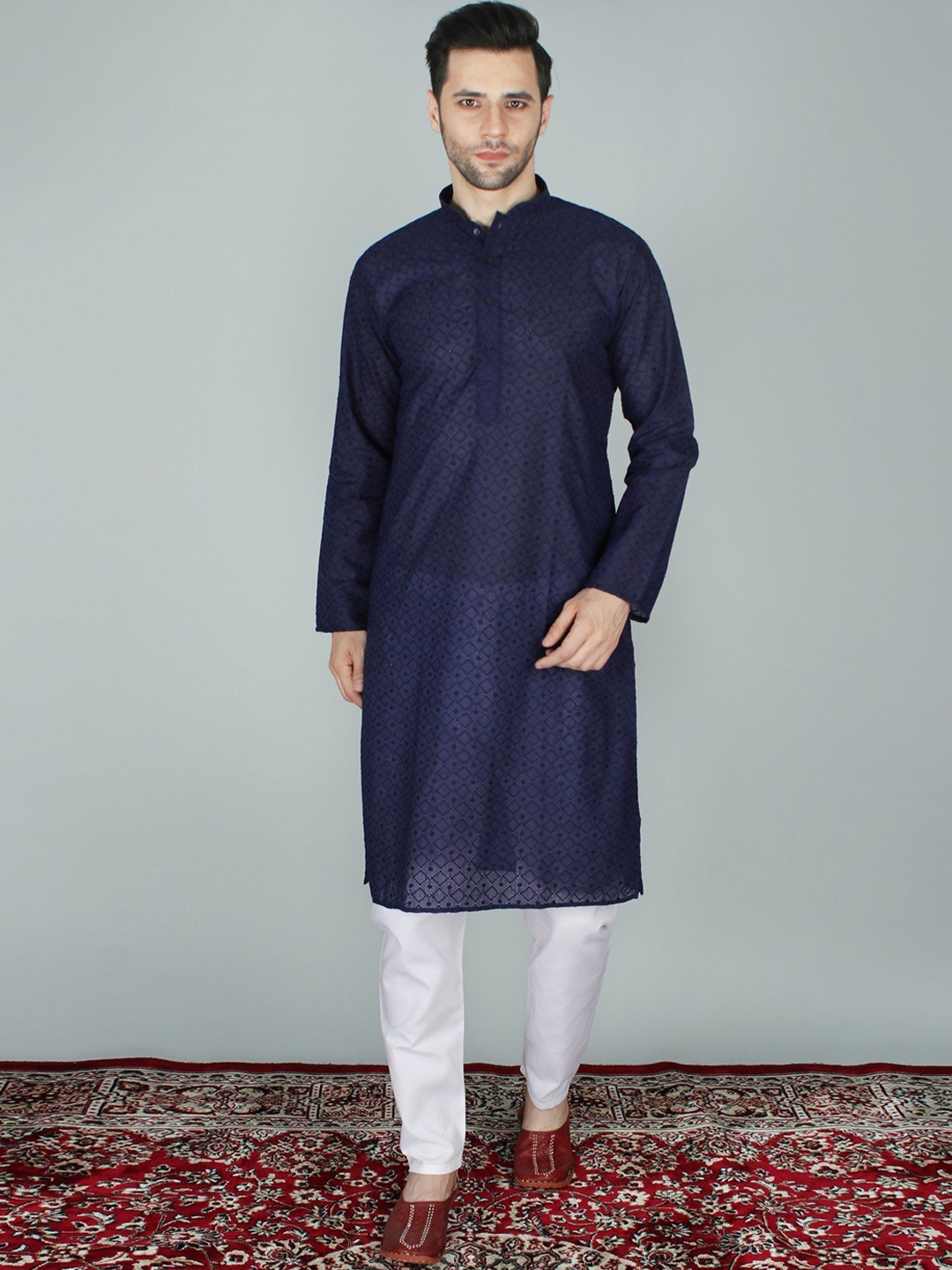 

Exotic India Chikankari Pure Cotton Kurta Pajama Set, Blue