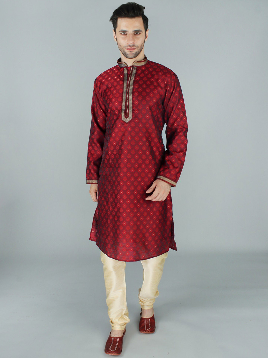 

Exotic India Beautiful Brocade Kurta Pajama Set with Zari Ornamentation on Placket, Red