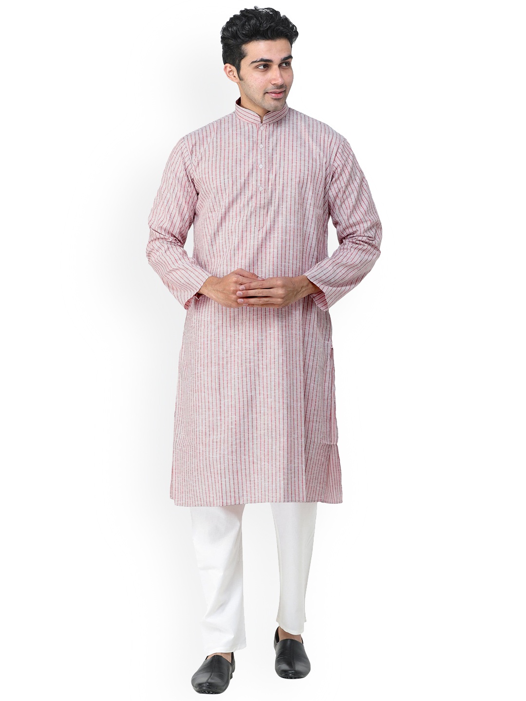 

Exotic India Mauvewood Pure Cotton Casual Kurta Pajama Set with Woven Stripes, Mauve