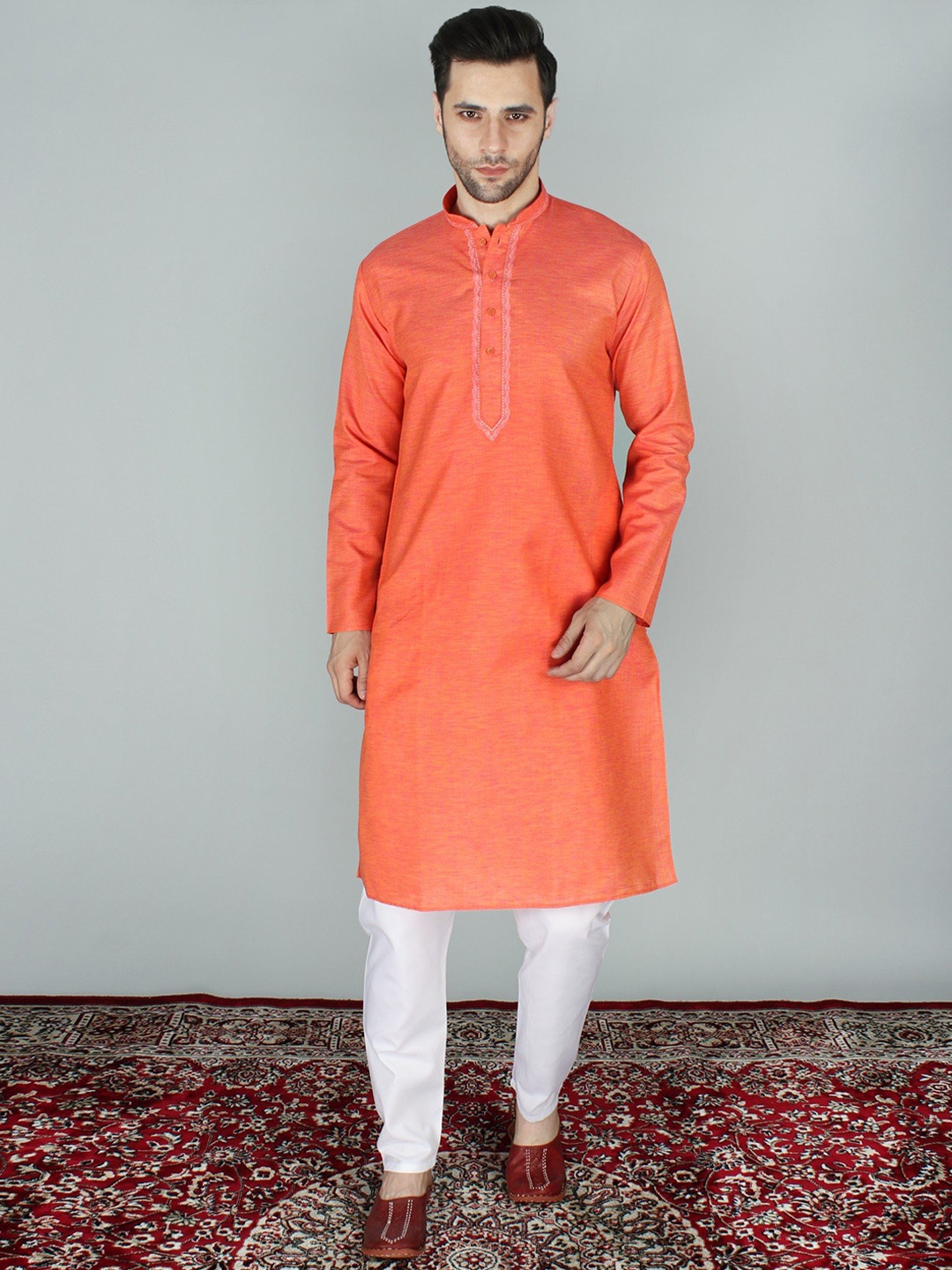 

Exotic India Embroidered Pure Cotton Flame Kurta Pajama Set, Orange