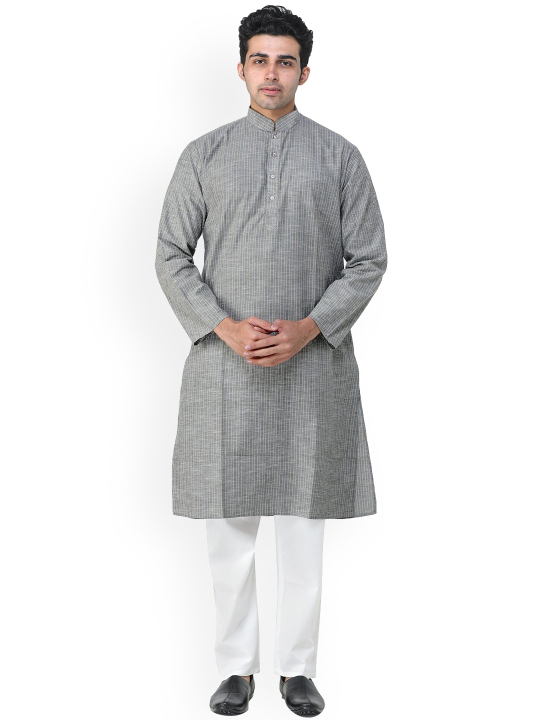 

Exotic India Martini Olive Pure Cotton Casual Kurta Pajama Set with Woven Stripes