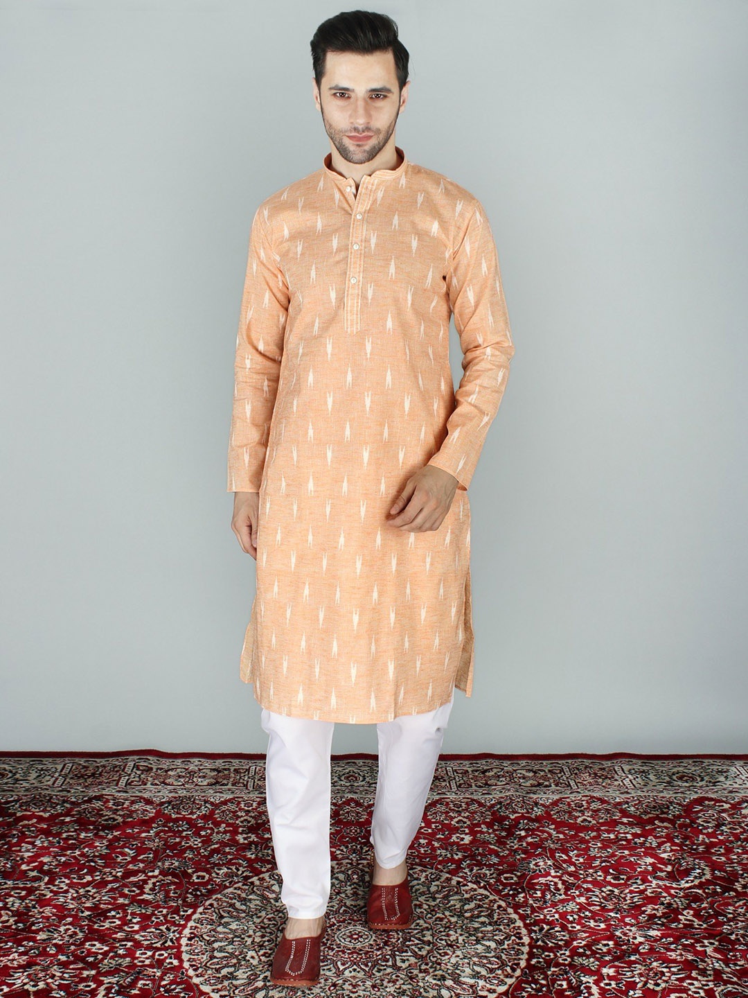 

Exotic India Ikat Pure Cotton Caramel Cream Kurta Pajama Set