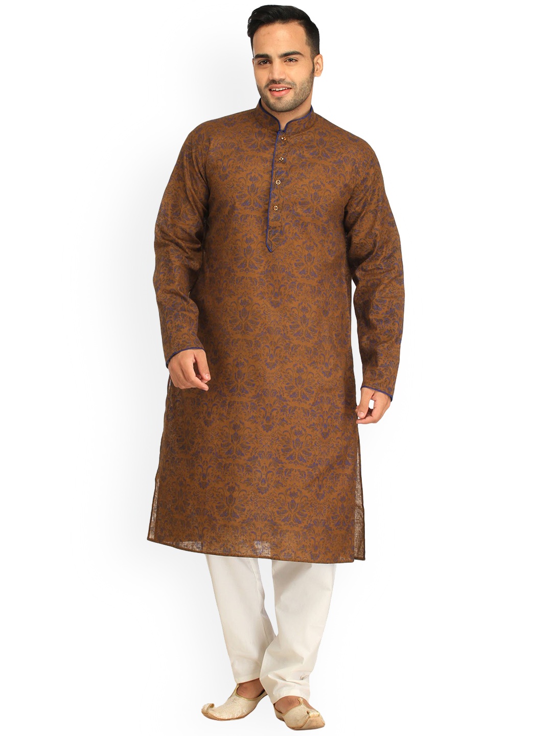 

Exotic India Pure Cotton Kurta Pajama Set with Floral Print and Piping, Brown