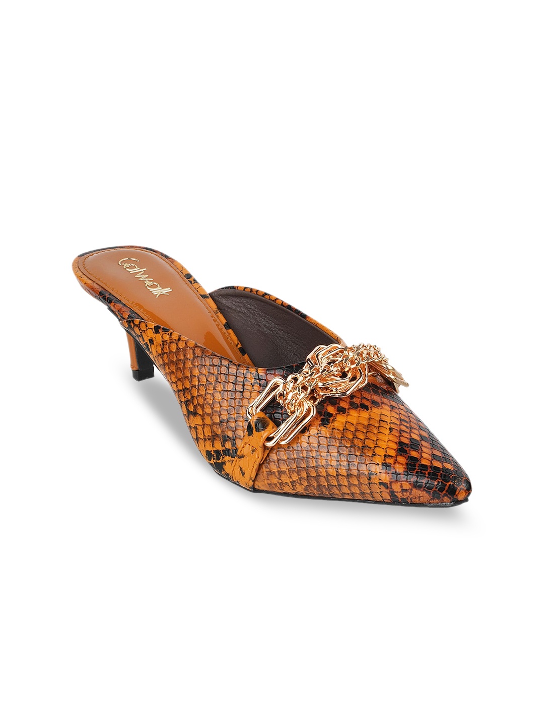 

Catwalk Printed Embellished Kitten Heeled Mules, Tan