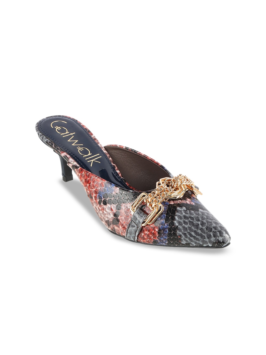 

Catwalk Printed Embellished Kitten Heeled Mules, Blue