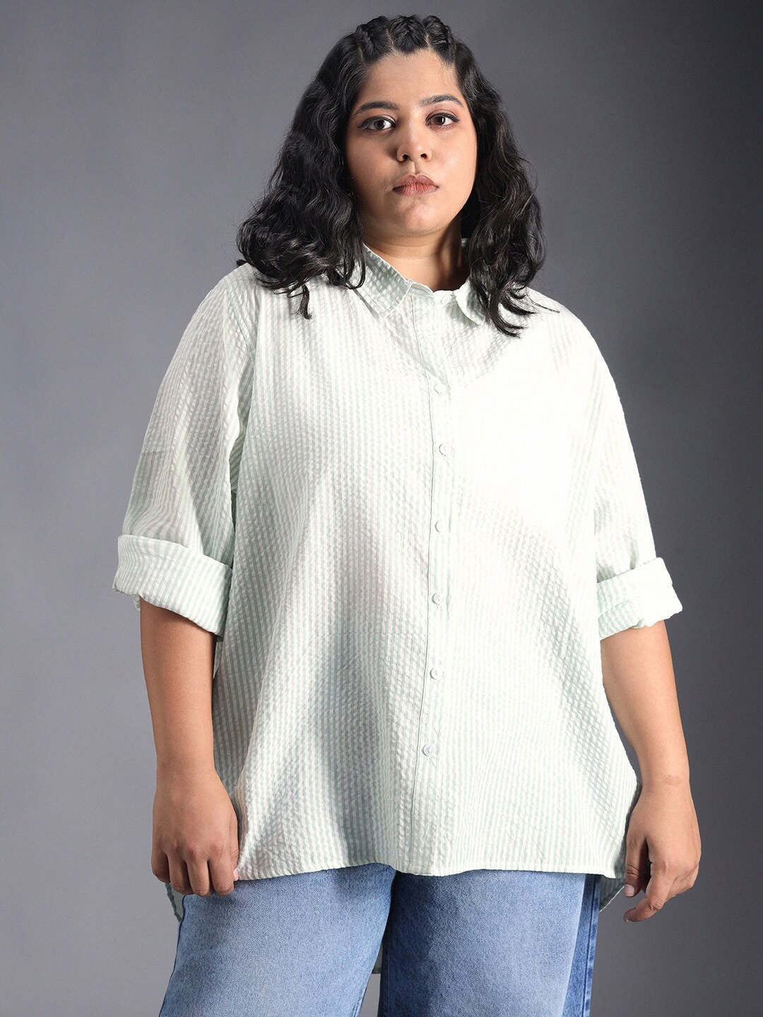 

Freeform by High Star Vertical Stripes Classic Regular Fit Cotton Casual Shirt, Green