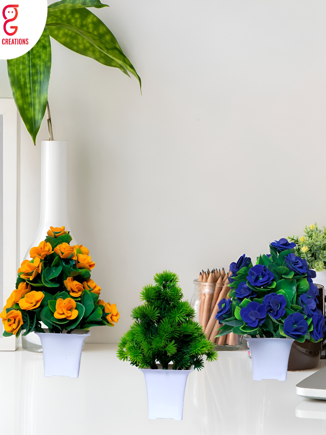 

GW CREATIONS Blue & Green 3 Pieces Berry Artificial Flowers With Pots