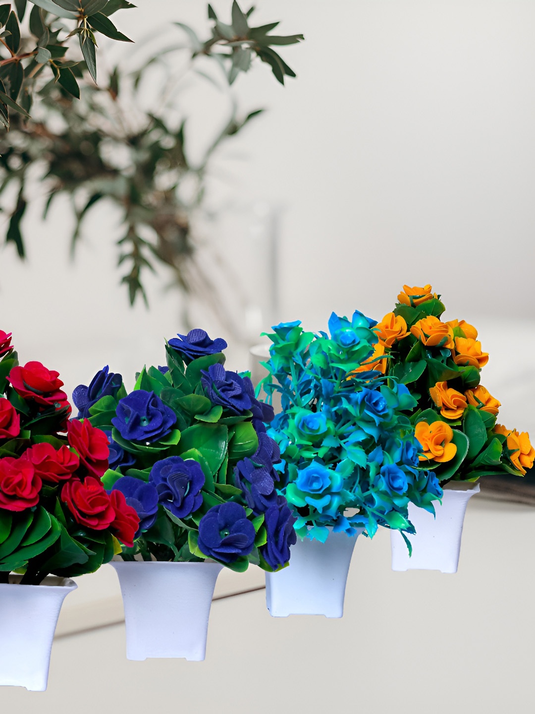 

GW CREATIONS Blue and Yellow 4 Pieces Berry Artificial Flower With Pot