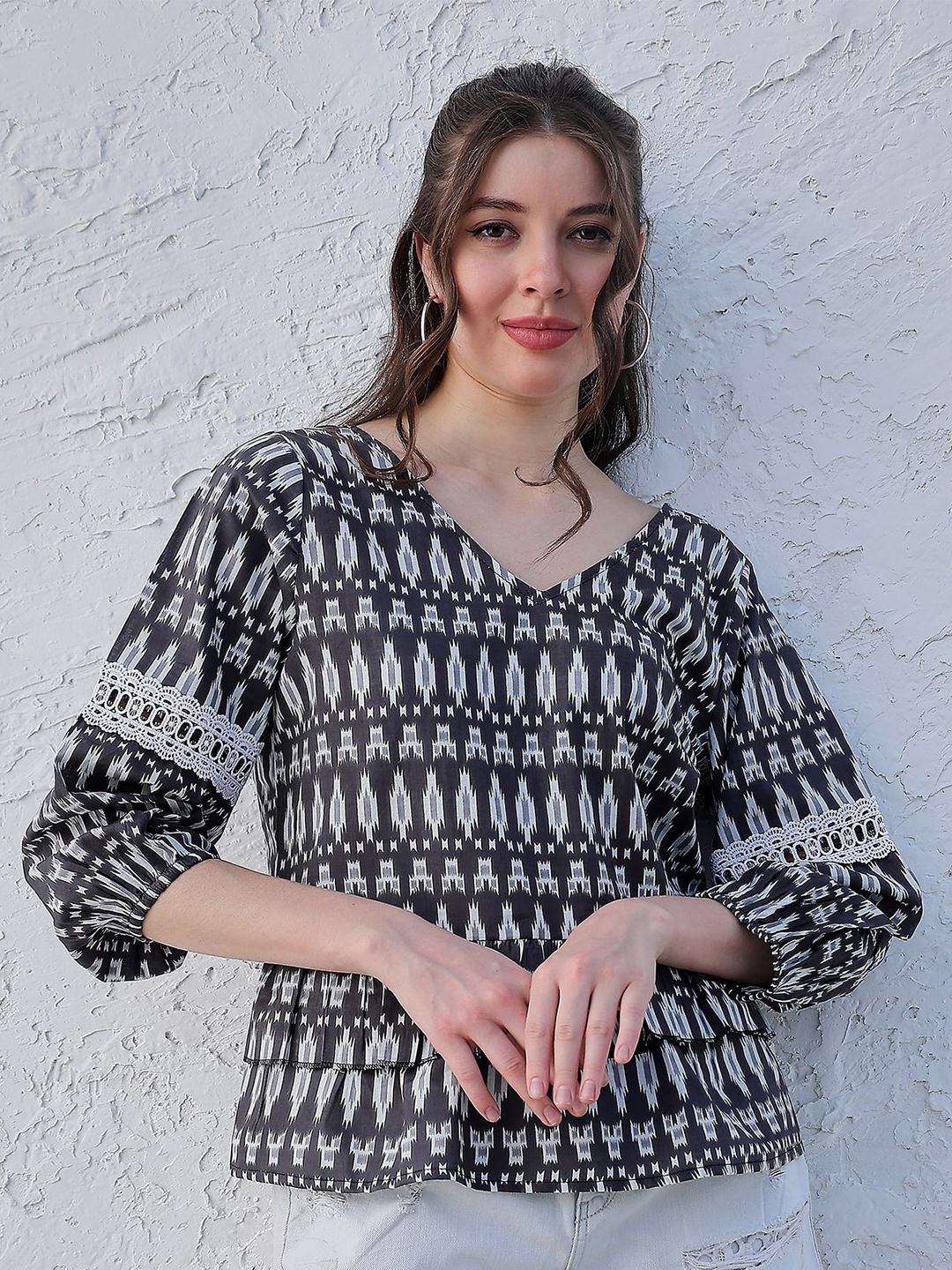 

Boho By Athena Abstract Printed V-neck Regular Sleeves Cotton Peplum Top, Black
