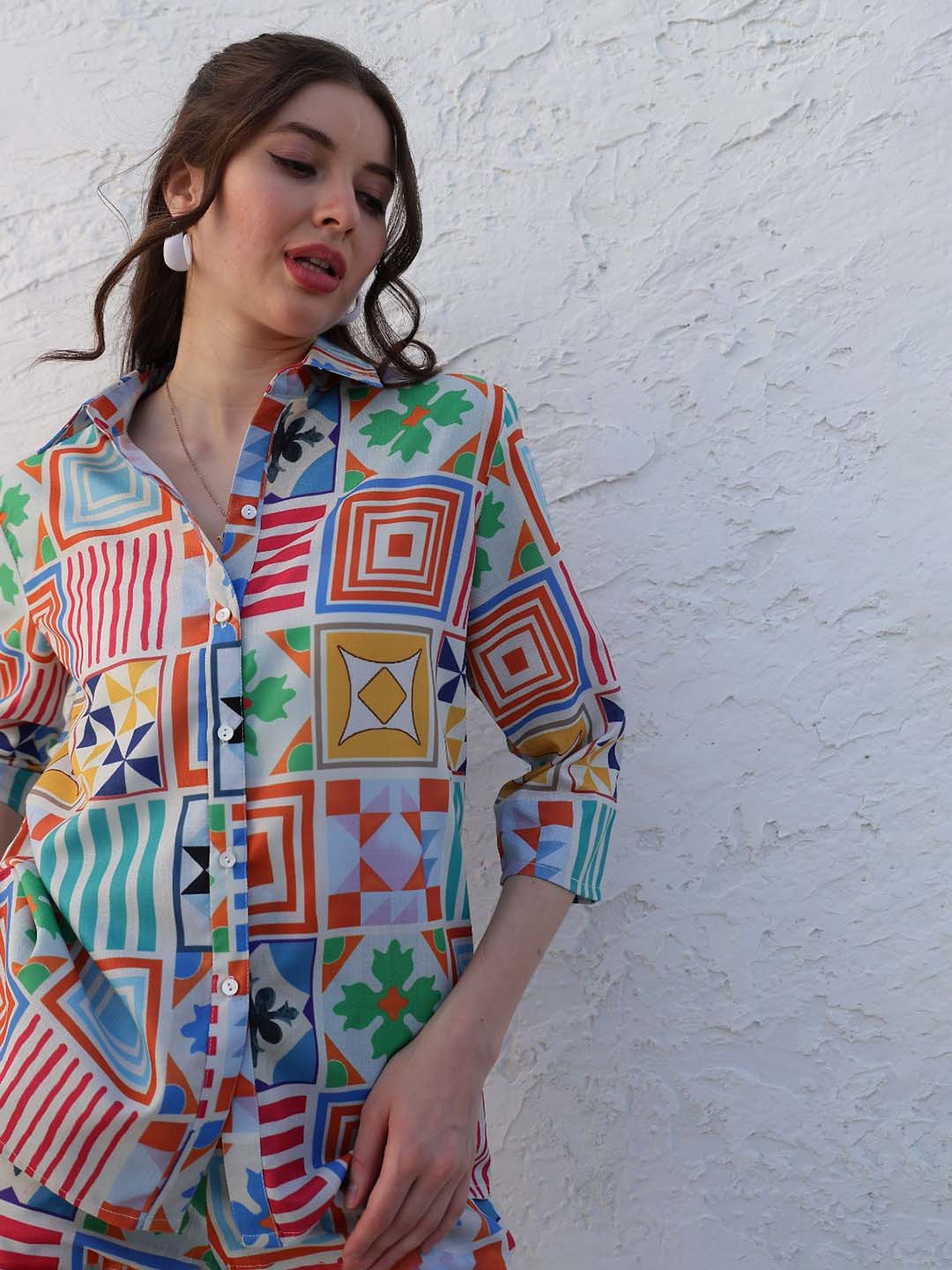 

Boho By Athena Geometric Printed Regular Sleeves Linen Shirt Style Top, Blue
