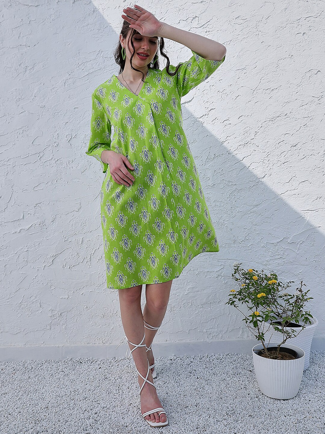 

Boho By Athena Ethnic Motifs Print Cotton A-Line Casual Dress, Green