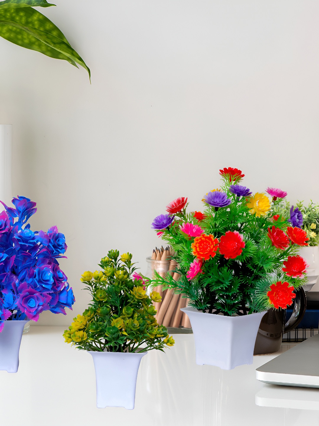 

GW CREATIONS Blue and Green 3 Pieces Berry Artificial Flower With Pot