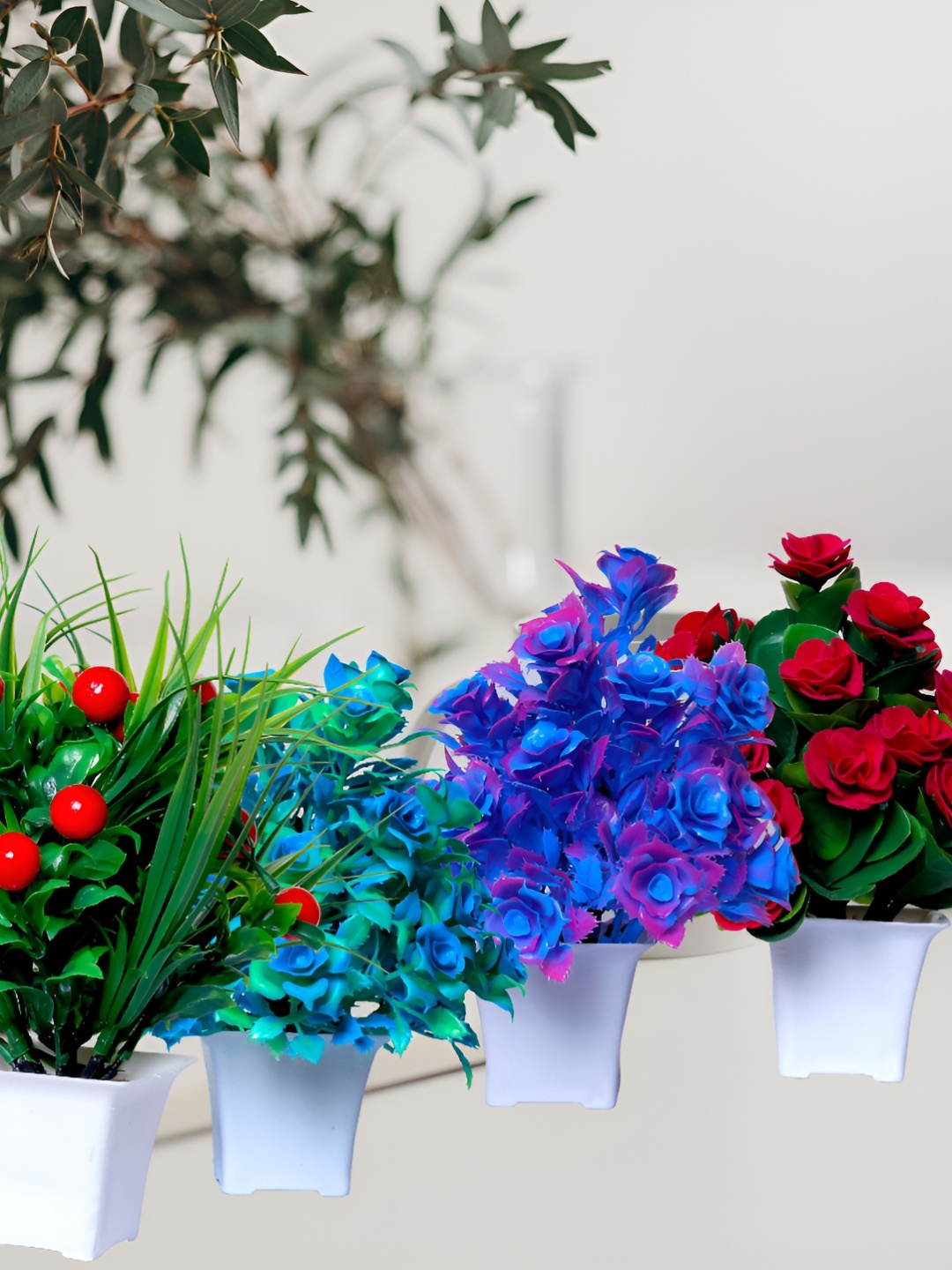 

GW CREATIONS Red & Blue 4 Pieces Berry Artificial Flowers With Pot