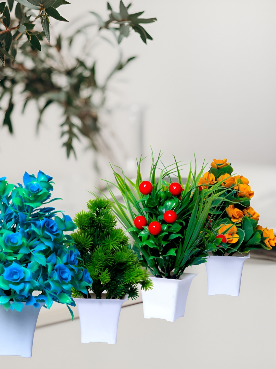 

GW CREATIONS Blue & Green 4 Pieces Berry Artificial Flowers With Pots