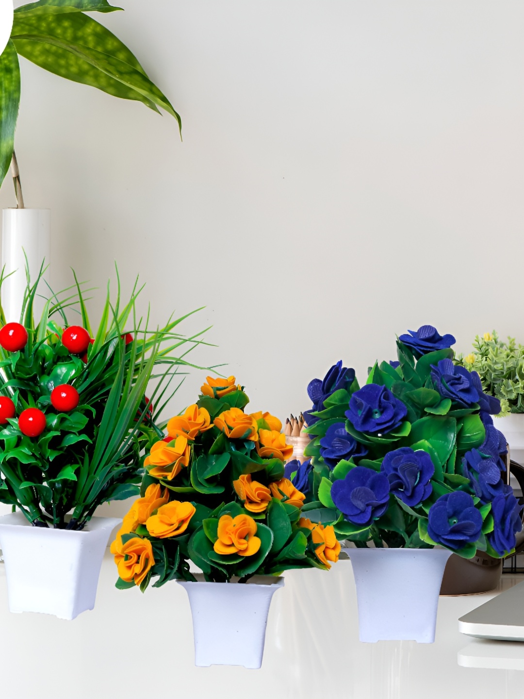 

GW CREATIONS Blue & Green 3 Pieces Berry Artificial Flowers With Pots