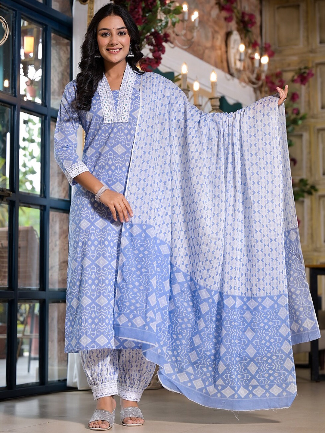 

ROOHANIYAT Ethnic Motifs Printed Regular Pure Cotton Straight Kurta With Salwar & Dupatta, Blue