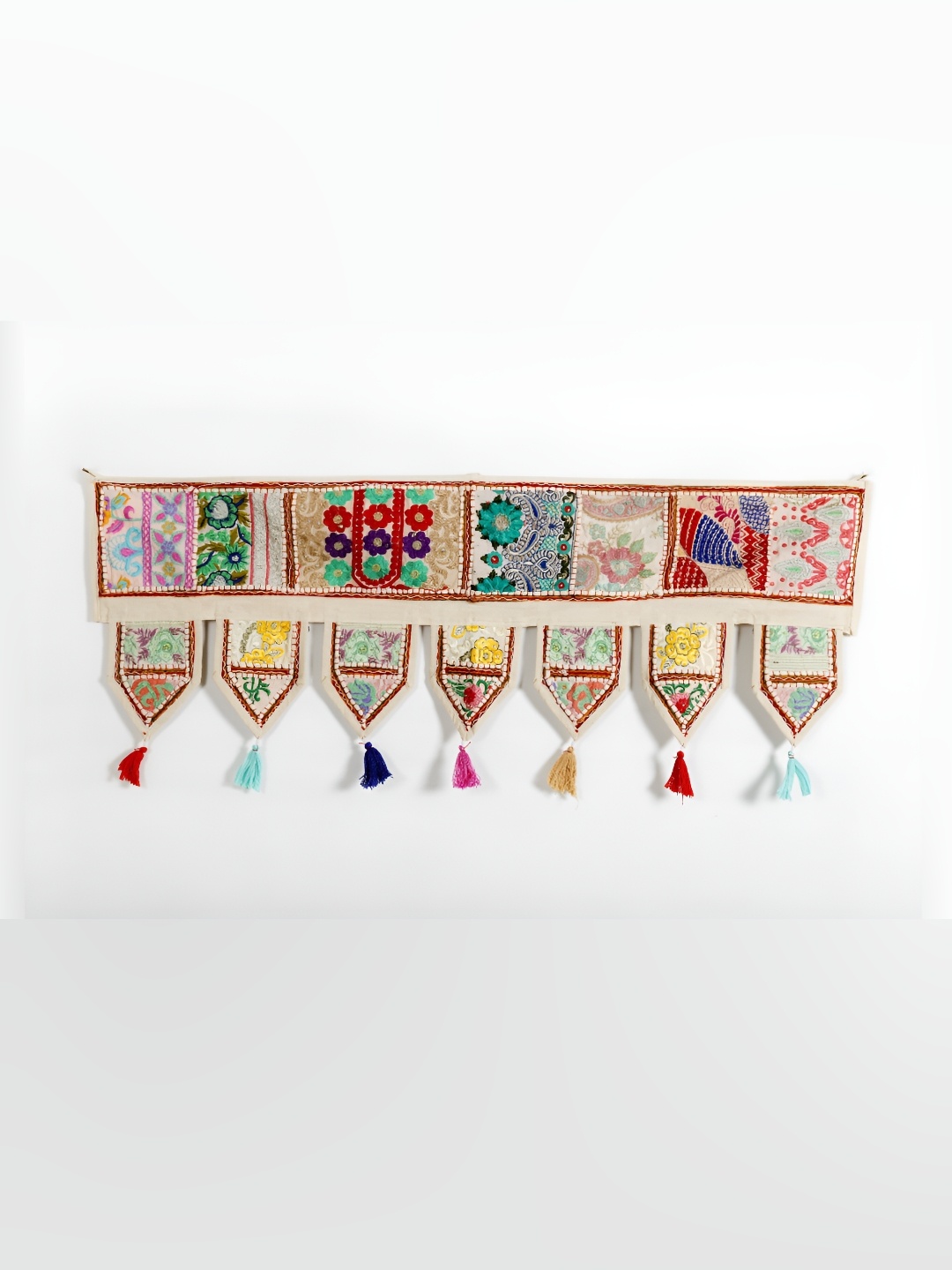

HANDICRAFT PALACE Beige & Red Patchwork Embroidered Hanging Toran