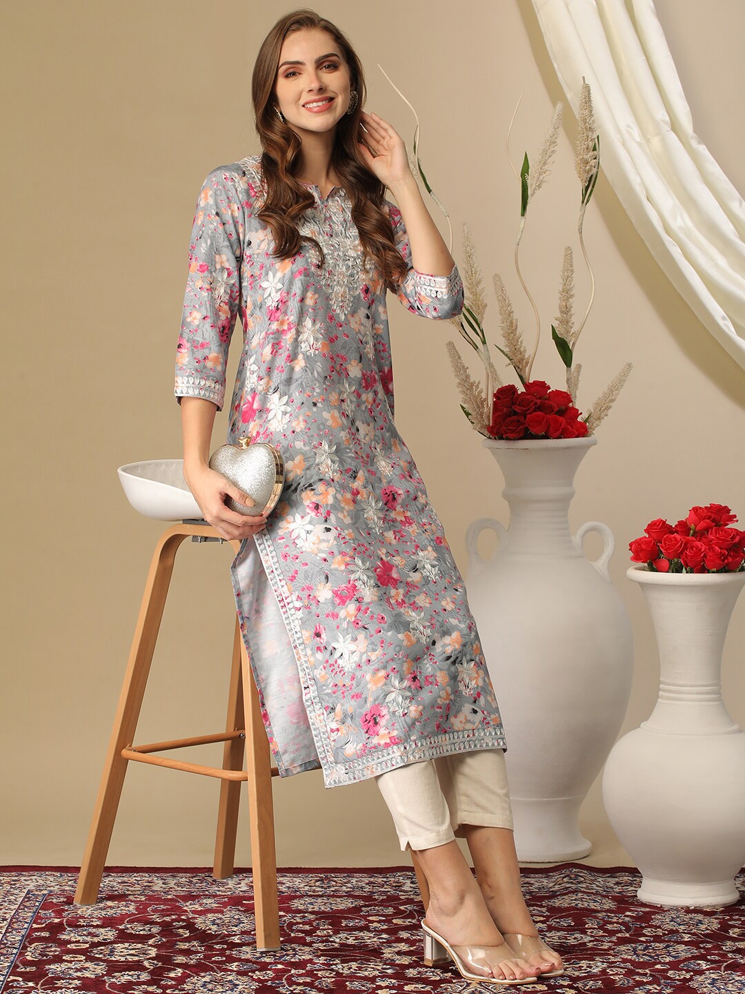 GoSriKi Floral Printed Regular Thread Work Straight Kurta, Grey