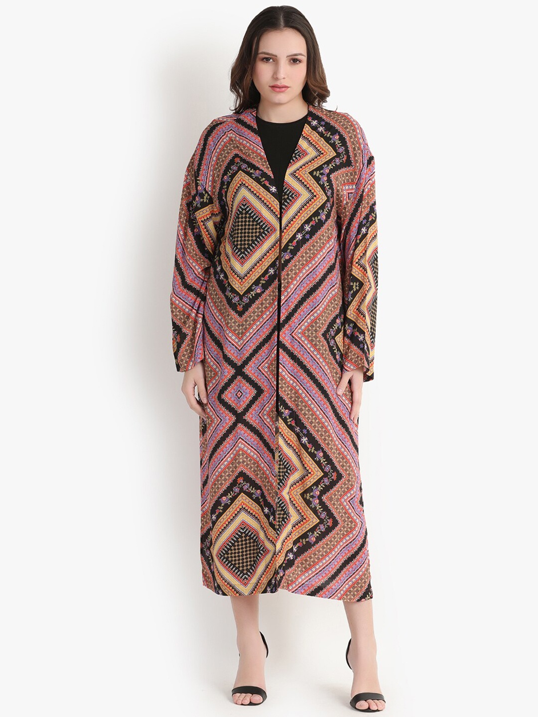 

putsum Geometric Printed Longline Shrug, Black