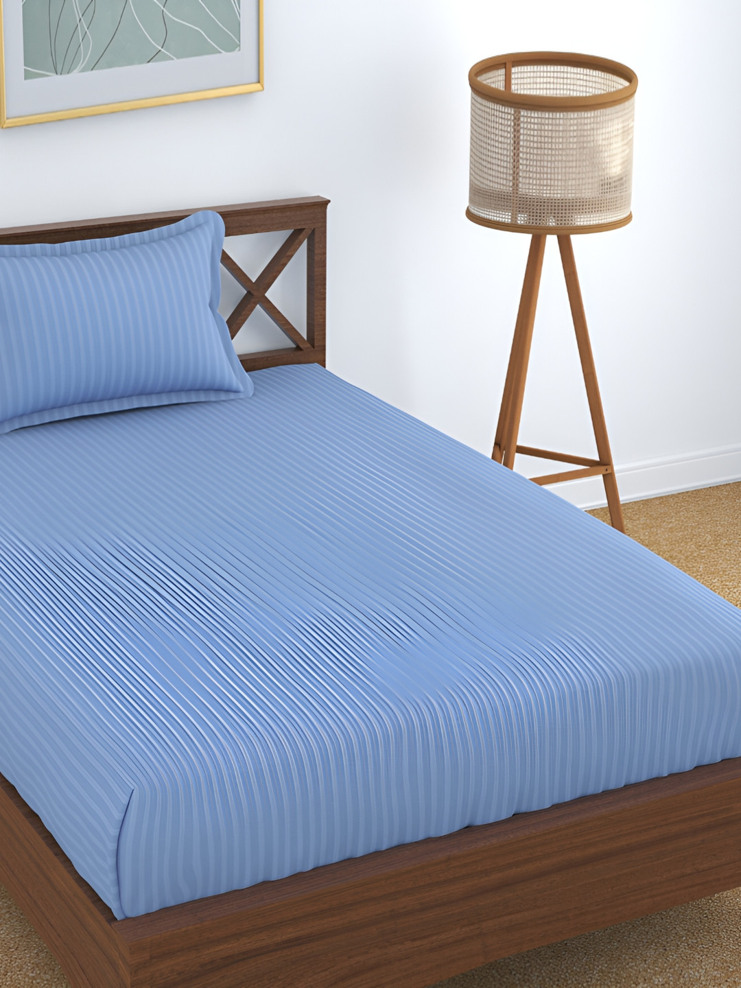 

UrbanArts Turquoise Blue Striped 200 TC Single Bedsheet with 1 Pillow Cover
