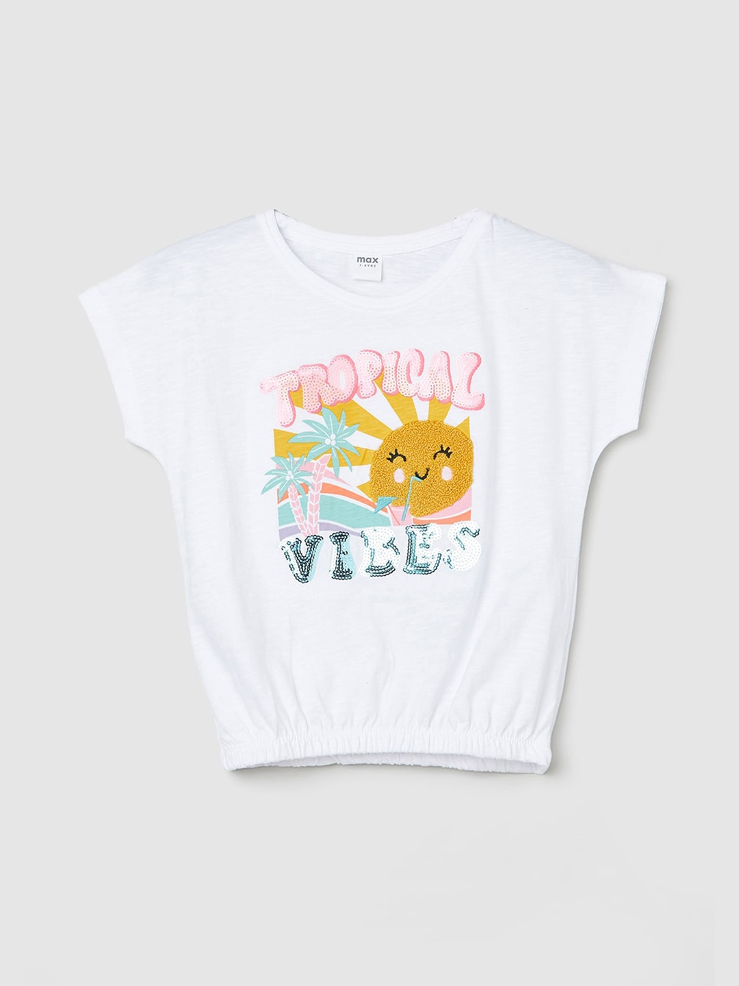 

max Girls Graphic Printed Extended Sleeves Pure Cotton Top, White