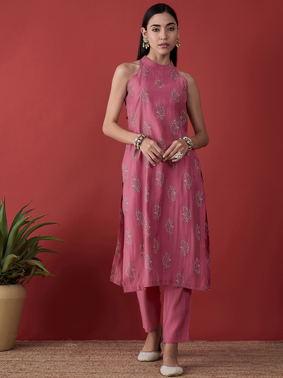 

Anouk Pink Ethnic Motifs Printed Halter Neck Kurta & Trousers