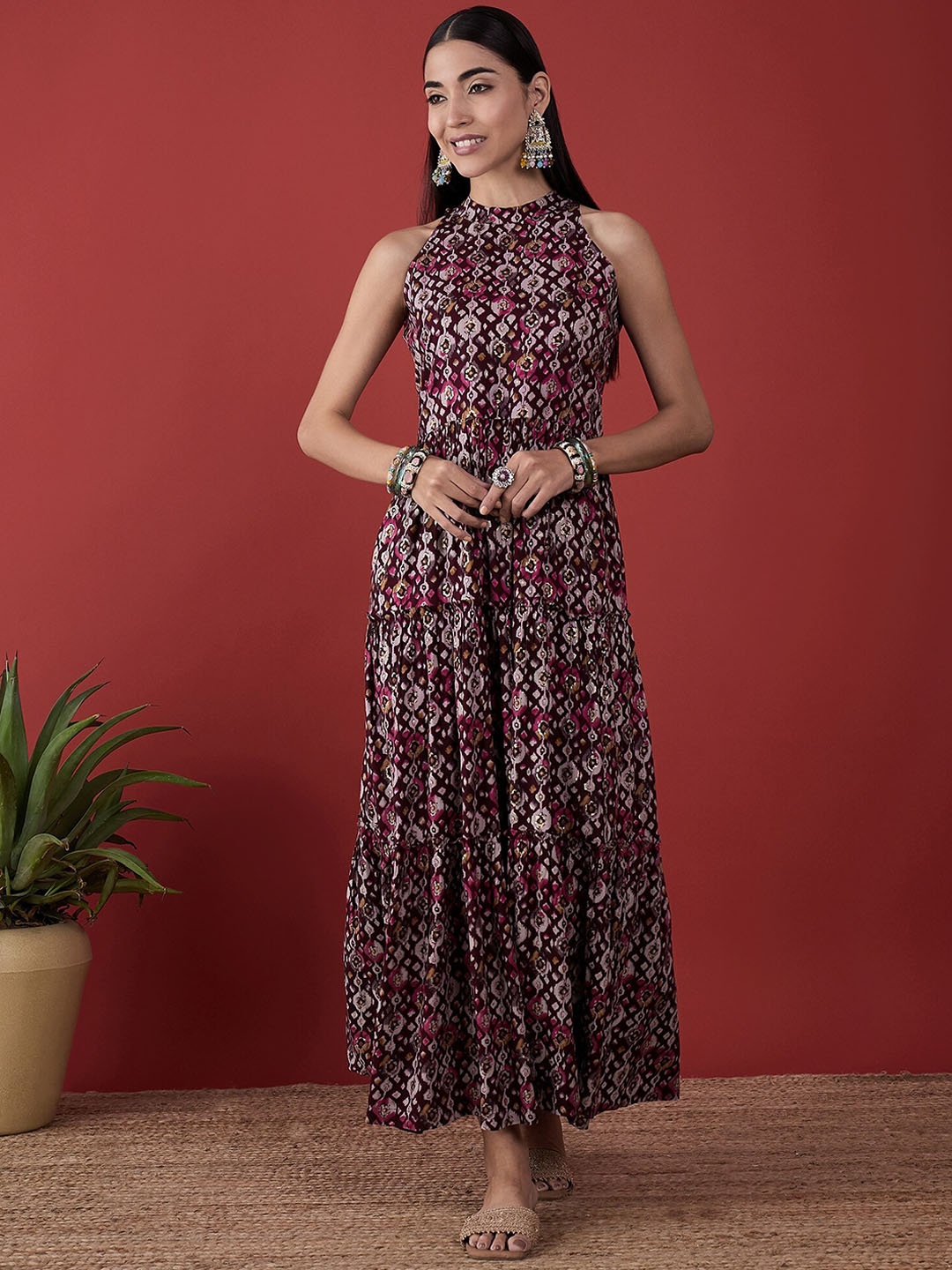 

Anouk Ikat Printed Halter Neck Tiered Fit and Flare Ethnic Dresses, Magenta