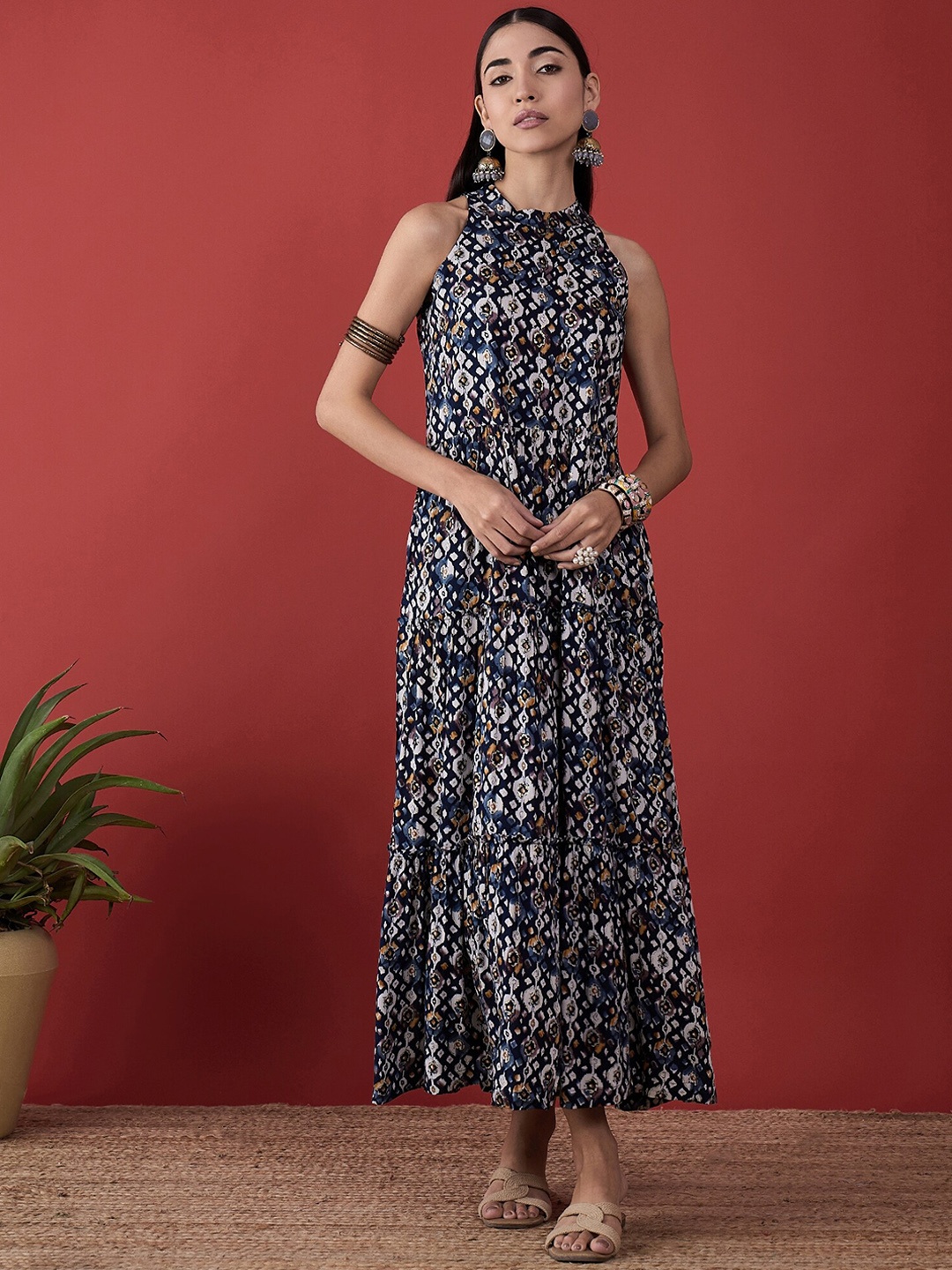 

Anouk Ikat Printed Halter Neck Tiered Fit and Flare Ethnic Dresses, Blue