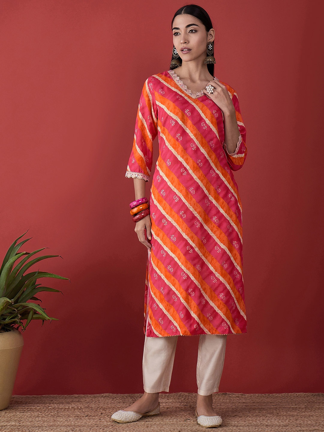 

Anouk Pink Leheriya Floral Printed V-Neck Zari Work A-Line kurta