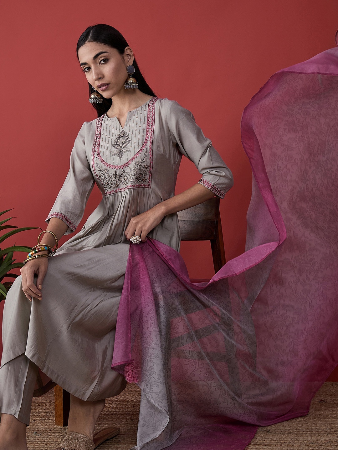 

Anouk Ethnic Motifs Embroidered Pleated Thread Work Chanderi Silk A-Line Kurta Set, Grey