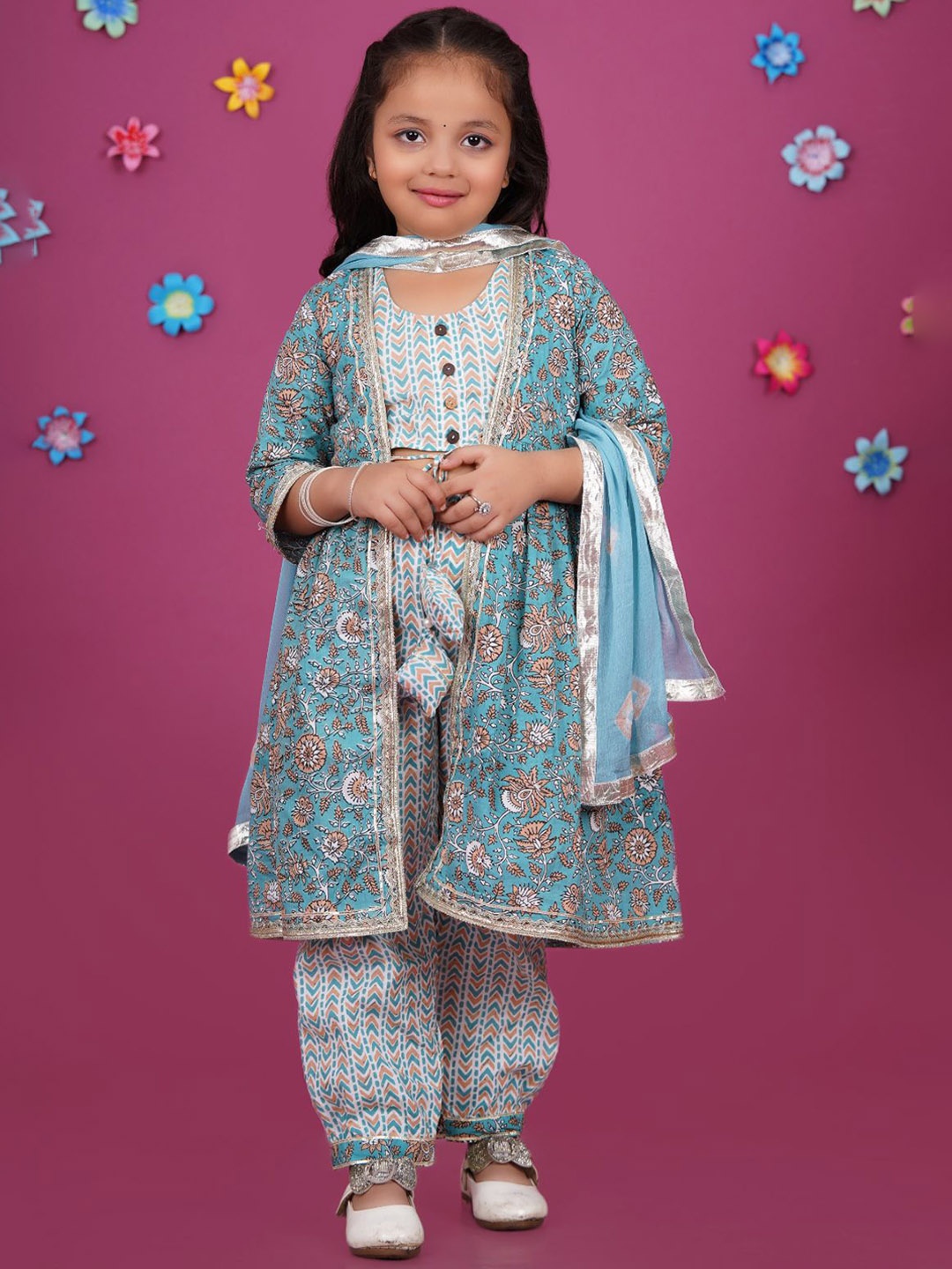 

Stuffie Land Girls Printed Round Neck Pure Cotton Clothing Set, Blue