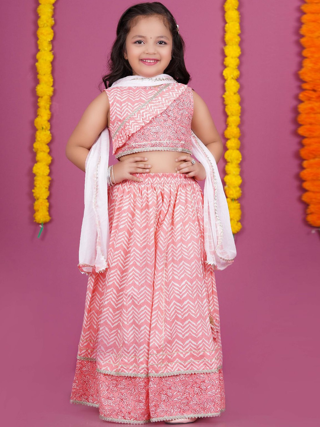 

Stuffie Land Girls Geometric Printed Gotta Patti Cotton Lehenga Choli With Dupatta, Pink