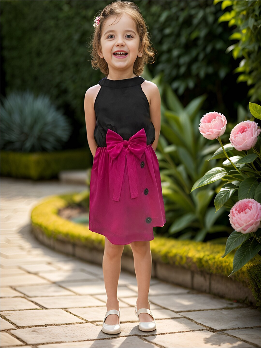 

A.T.U.N. Girls Colourblocked Halter Neck Sleeveless Bow A-Line Dress, Fuchsia