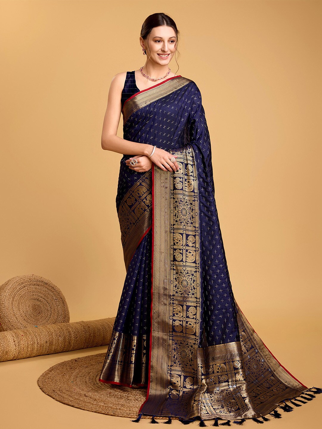 

Ishin Woven Design Zari Silk Blend Saree, Navy blue