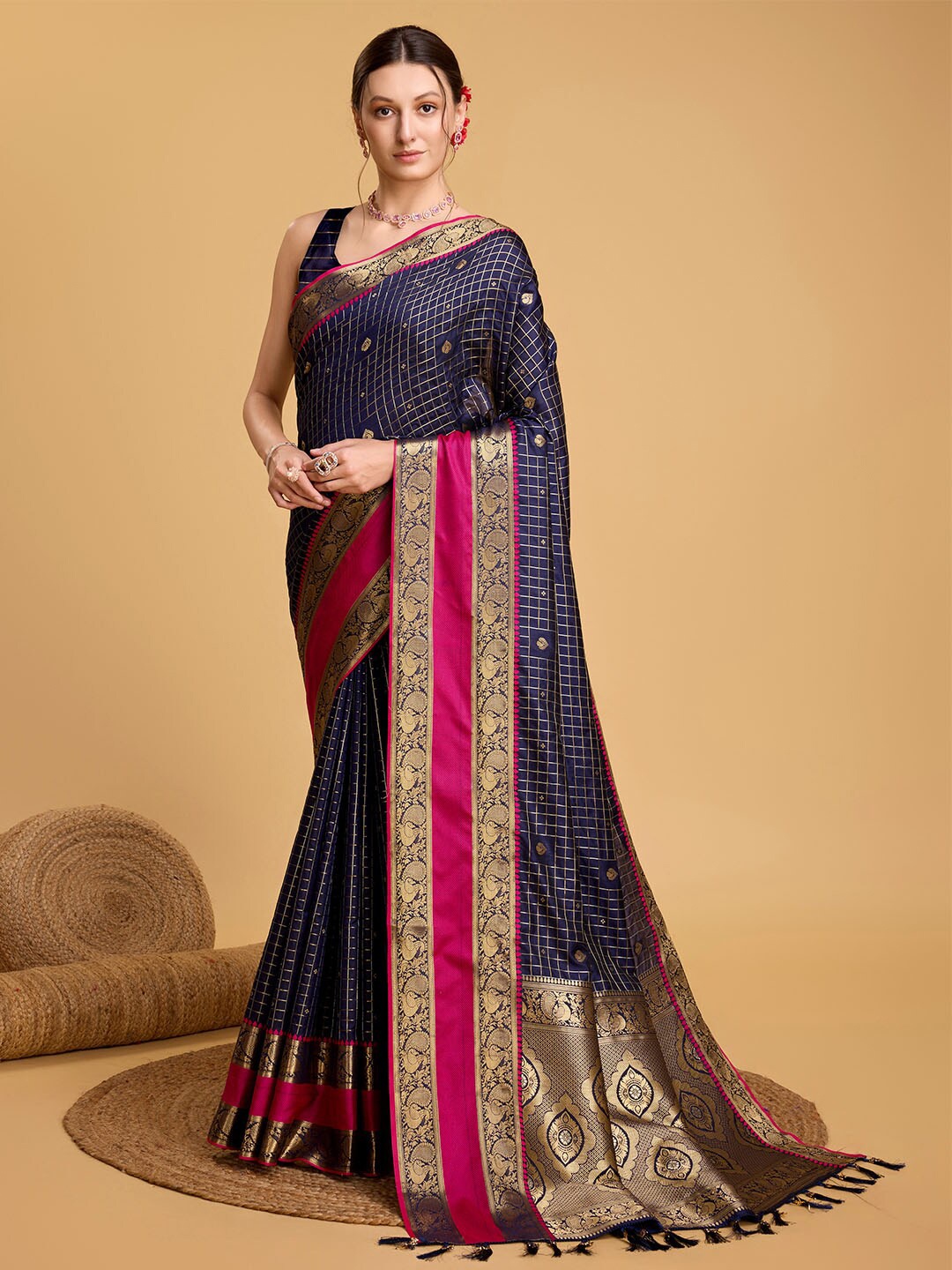 

Ishin Woven Design Zari Silk Blend Saree, Navy blue